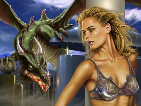 woman and the dragon - woman, dragon, fantasy