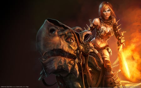 Golden-Axe-Beast-Rider - woman, female, warrior, golden axe, golden axe beast rider, red hair, fantasy, games, beast, weapon, video games, sword, tyris flare, rider, golden-axe-beast-rider