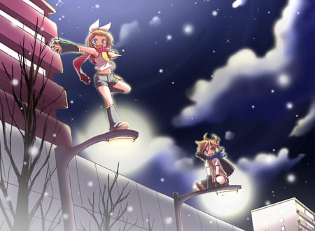 Kagamine Len& Kagamine Rin [HD] - winter, scarf, hd, len, play, kagamine, lanturn, rin, vocaloid, snow, anime, tree