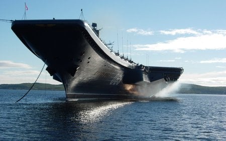 Anchored Carrier - military, carrier, coastline, anchored