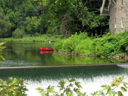 The Mill - flowing, red, beautiful, water, mill, boat