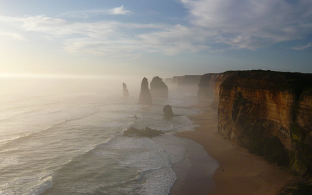 The Twelve Apostles - beach, surf, clouds, mist, cliffs