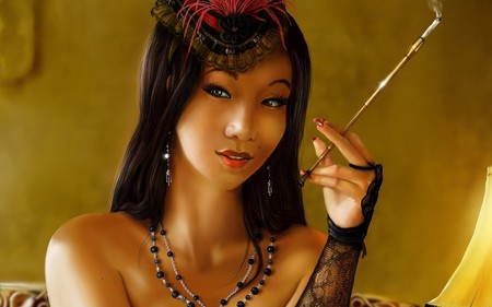 Fantasy Girl - hat, cg, necklace, beautiful, girl, lace, smoking