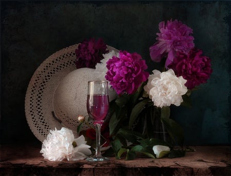 still life - hat, glass, photography, gentle, vase, white, flower bouquet, purple, sheet, beautiful, peony, flowers, photo, harmony