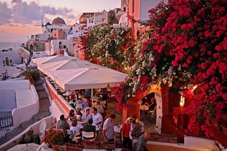 Greece - summer, dinner, beautiful, beach, vacation, view, santorini, food, nature, drinks, red, greece, interior, flowers, romance, ahitektura, houses, sunset restaurant, people, sea