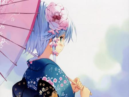 Winter Flower - umbrella, anime girl, geisha, blue, kimono