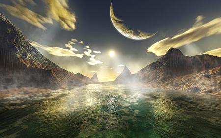 Infinity - moon, river, mountain, sky