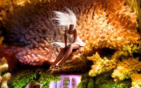 coral blond - woman, ocean, girl, blond, water, fantasy, cg, white, coral, pretty, pink, 3d, orange, green, sea