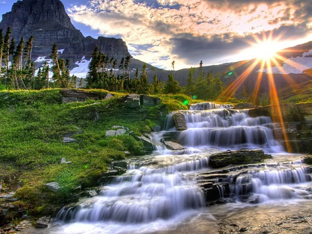 Small Waterfall - sky, fall, sun, water, land