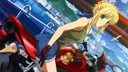 Biker Saber - motorcycle, saber, anime girl, tank top, blonde, cute anime girl, fate stay night