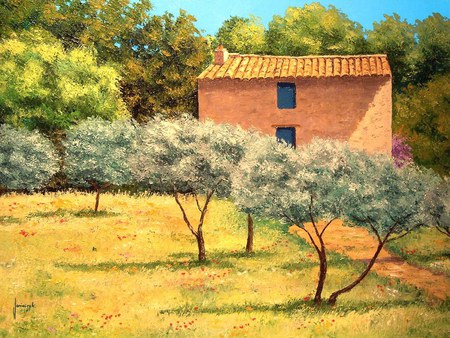 French landscape painting - jean marc janiaczyk, painting, cloud, france, field, tree, house, flower