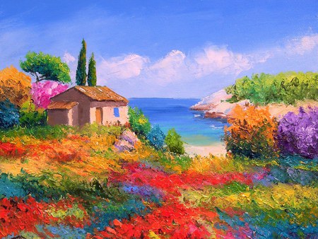 Jean-Marc_Janiaczyk french landscape painting - house, painting, cloud, jean-marc-janiaczyk, flower, art