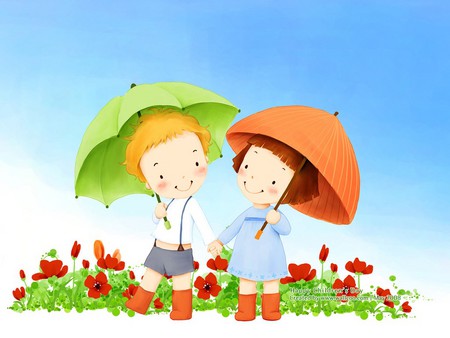 Children illustration - drawing, children, flower, umbrella