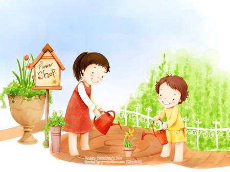 Children illustration - children, watering, plant, drawing, mom