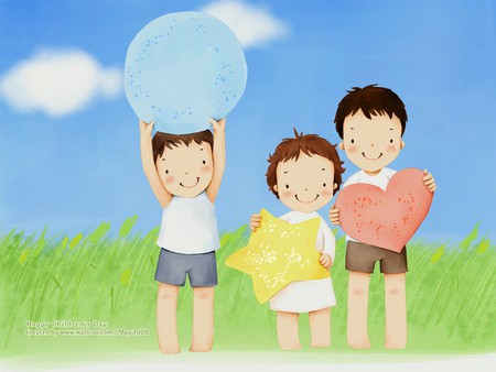 Children illustration 3 children on grass - cloud, ball, children, drawing, grass