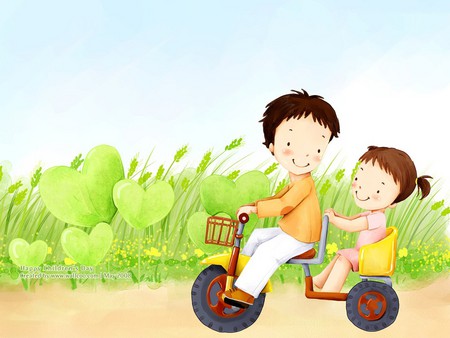 Boy and little sister on bike - bike, drawing, brother, grass, children