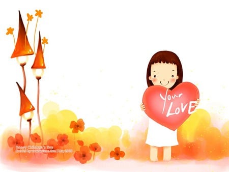 Child with love - drawing, hearth, children, love, flower