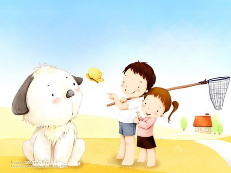 Children with big dog - butterfly, girl, drawing, boy, dog