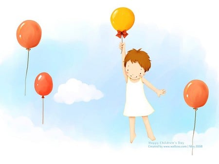 From the sky - sky, fly, balloon, girl, drawing