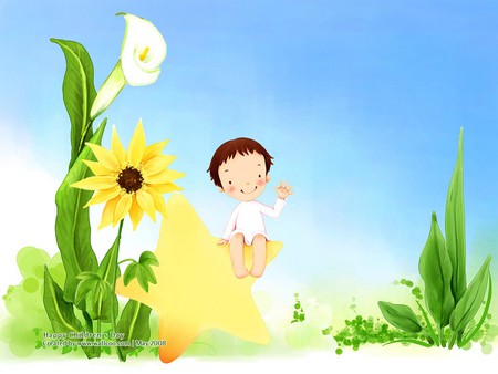 Paradise - calla, boy, star, drawing, sunflower, grass