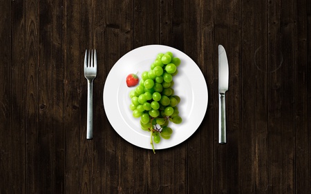 Dinner Plate - photograph, grapes, utensils, plate, strawberry, table, art, lone