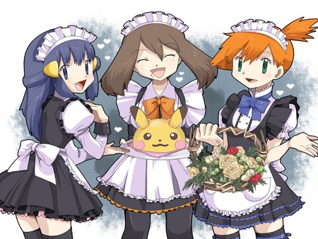 the maids - girls, women, girl, female, may, video game, videogame, anime girl, nintendo, pokemon, dawnn pikachu, anime, maid, cute, misty