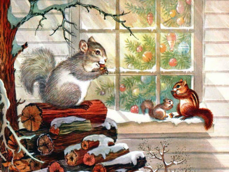 Christmas Snack - winter, window, squirrels, holidays, family, christmas, logs, christmas tree, eating, decorations