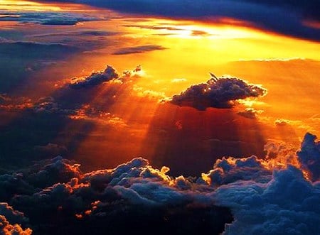 Above the storm - dark clouds, rays, bright, sky, golden, sunset, storm