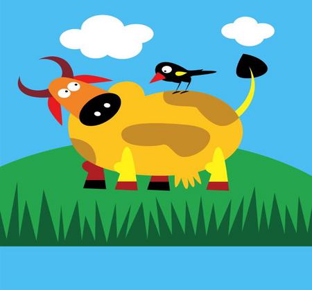 Cheeky Cow - cow, clouds, meadow, grass, bird