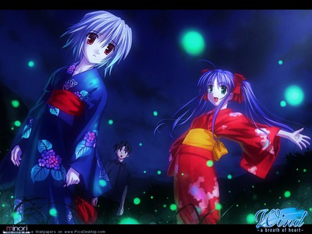 Wind - A breath of heart - - girls, kimonos, a guy, anime, night