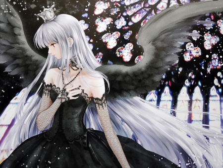 Ghotic Girl - long hair, black wings, chotic, white hair, dress