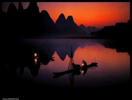 a lonely boat.... - mountains, boat, man, light