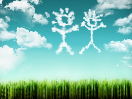 Friends meet again - sky, clouds, hi, blue, green, grass