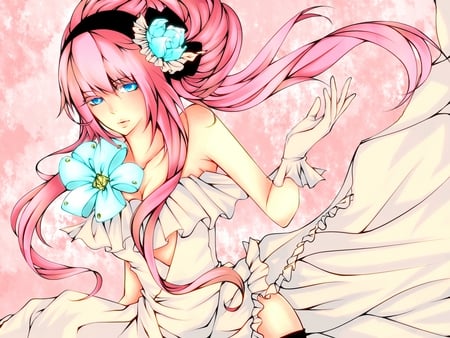 Megurine Luka - luka, blue eyes, pink hair, gloves, vocaloid, megurine luka, anime, flowers, dress