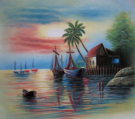 A Piece Of Tropical Paradise - serene, sailboats, palms, sunset, sea