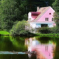 Pink house by the lake