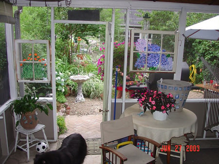 My Summer Porch - windows, table, chairs, flowers, garden