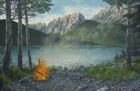 Lakeside Fire - nature, lake, bank, mountains, fire