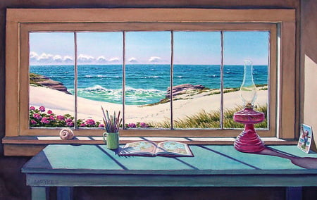 Window Panes - latern, book, flowers, table, sea