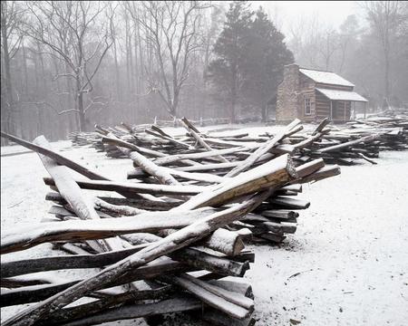 Winter in the Country - hut, trees, logs, chimney, mist, cold, snow, fog, timber, house, tree