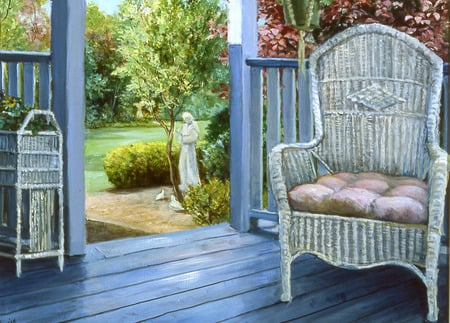 Feels Like Home To Me - back porch, painting, garden, wicker chairs