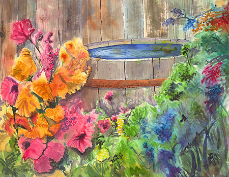 Nature's Pallet - barrel, colours, pretty, water, flowers