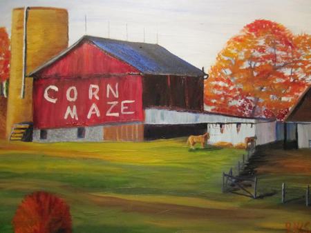 Home On The Farm - fall, trees, painting, red barn, farm, art, cosy