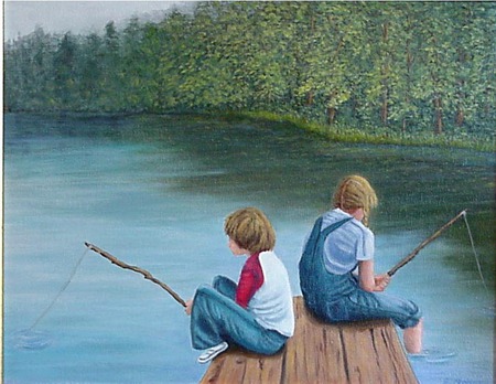 Gone Fishing - water, fishing, painting, patience, poles, children, dock, art