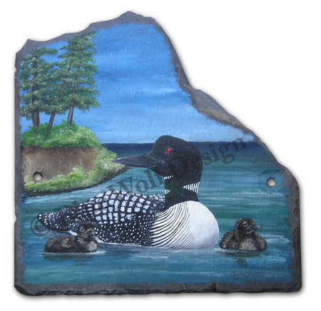 Loons On Slate - free, trees, water, nature, chicks, loons, wild