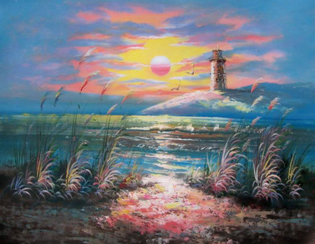 Pink Moon - moon, lighthouse, water, grasses, sunset