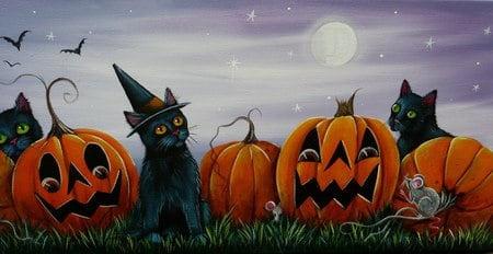 MAGICAL PUMPKINS - pumpkins, bats, cats, magical, mystical, orange, black