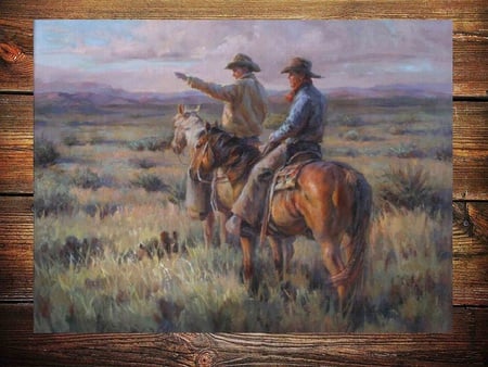 The cowboys - boys, horses, cowboys, painting