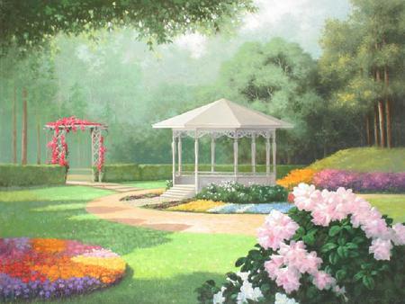 A Formal Garden - trees, blossoms, grass, steps, flowers, bushels, hedges, gazebo, arch, stone walkway