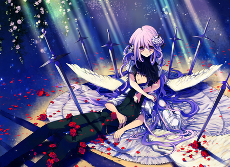 Love scene - wings, black hair, sword, weapon, purple hair, purple eyes